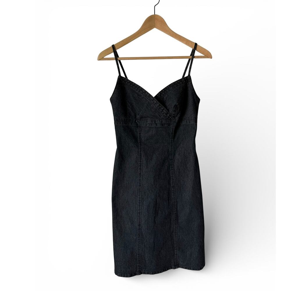 Bisou Bisou Michele Bohbot Black Stretch Denim Mini Dress V-Neck Y2K Size 2